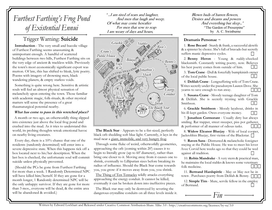 Furthest Farthings Frog Pond — dungeon de uma página (Edward Lockhart)
